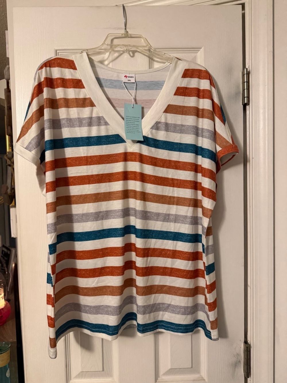 WHIOLL Striped V-Neck Tee in Teal, Rust, Gray & Ivory